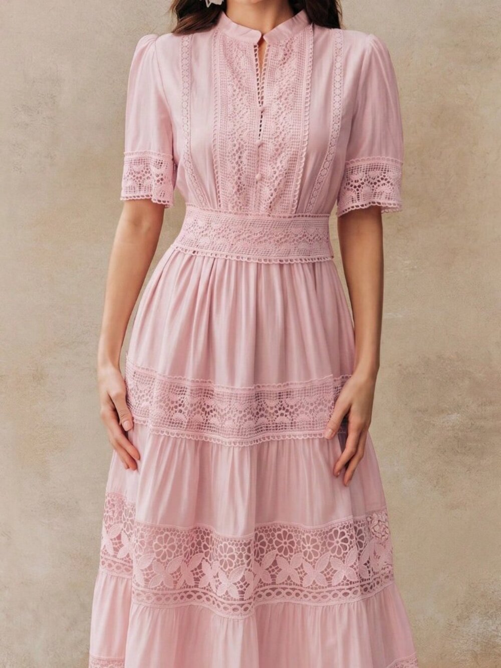Dusty Pink Boho Women's Lace Crochet Short Sleeve Flared Dress - Picture 3 of 7